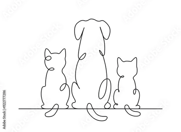 Fototapeta Line art of a two cats and dog back view vector art illustration