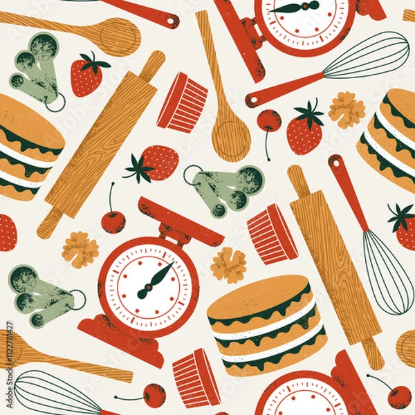Fototapeta Bakery elements seamless pattern. Cake with various baking utensils. 