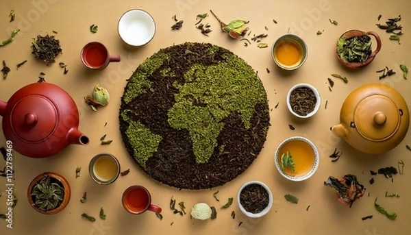 Obraz generative AI. Tea utensils such as teapots, cups and tea leaves surround the dry tea world with clipping path. world tea day