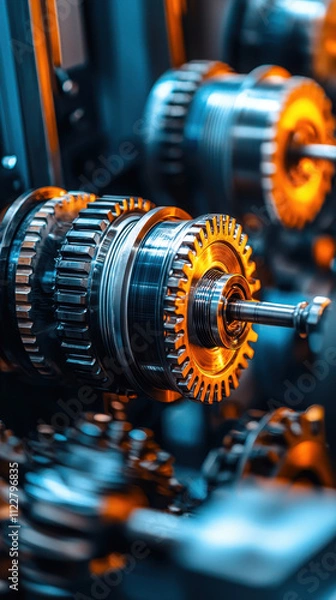 Fototapeta High tech machinery with intricate gears and automated systems, showcasing precision engineering and advanced manufacturing processes. vibrant orange highlights add dynamic touch