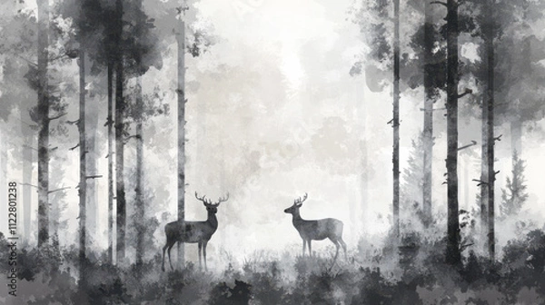 Obraz Two deer standing in misty forest, surrounded by tall trees and fog. serene atmosphere evokes sense of calm and tranquility