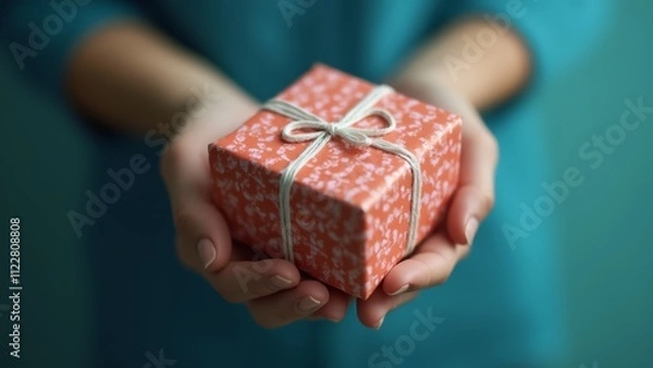 Fototapeta A person holding a red gift box with a white ribbon