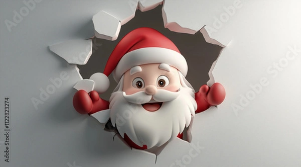 Obraz 3D cartoon of a happy Santa Claus breaking through a wall with a hole in it, against a simple background, with a matte finish, in a minimalistic, cute, and adorable style. 