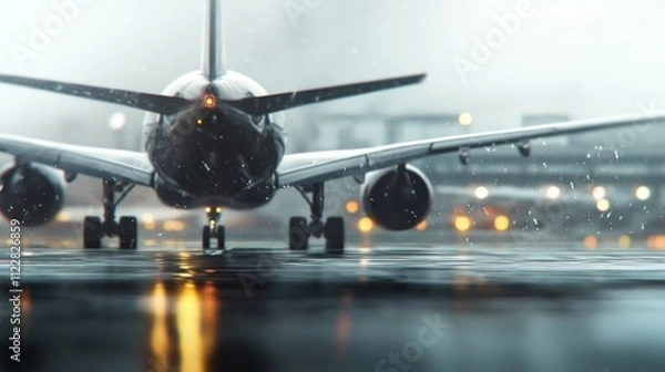 Obraz Airplane taxiing on a wet runway in snowy weather, close-up view.