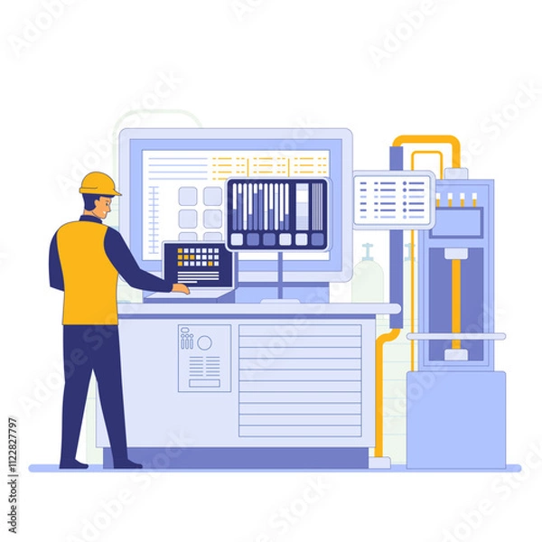 Obraz An engineer stands before a large control panel with multiple screens displaying graphs and data Industrial equipment surrounds the engineer indicating a monitoring or control room Vector illustration
