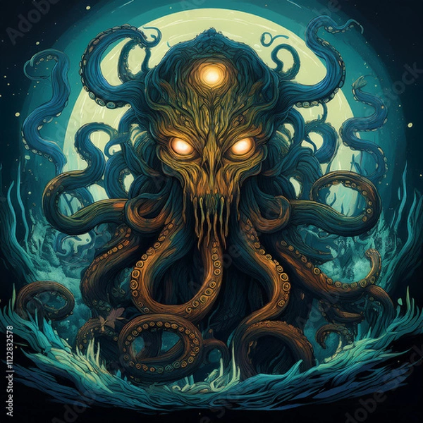 Obraz An artistic illustration depicting Cthulhu, the legendary cosmic entity, encompassed by dark oceanic themes