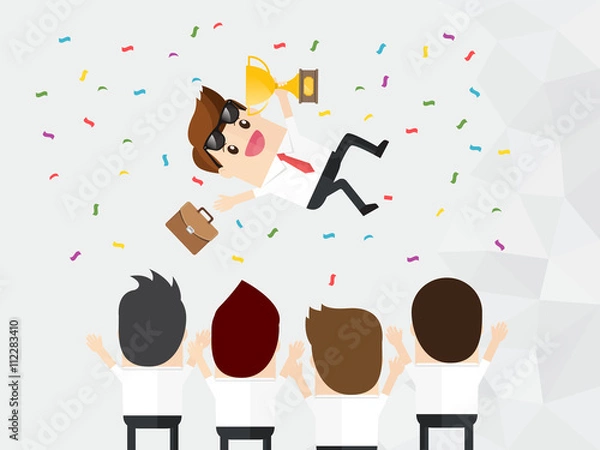 Obraz celebration of winner businessman holding briefcase and golden trophy being thrown up in air by collaboration team