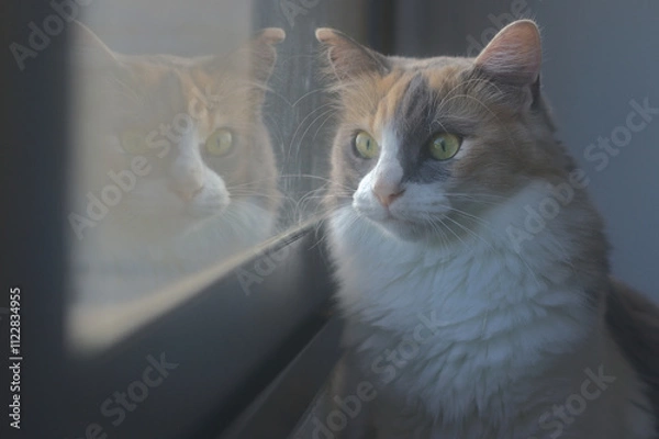 Obraz Cat looking out the window seeing its reflection
