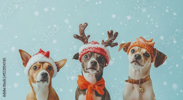 Fototapeta Bright suitcases stacked on top of each other with a Santa hat on the side, a bright background with snow falling, minimalistic in the style of Santa Claus.