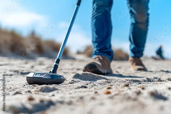 Fototapeta Man metal detecting on beach