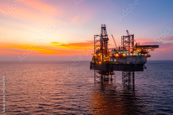 Obraz Aerial view of silhouette offshore jack up drilling rig during sunset - oil and gas industry.