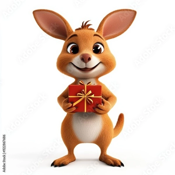 Fototapeta Cute cartoon 3d illustration of a happy kangaroo holding a holiday gift in its pouch with big sparkling eyes, isolated white background