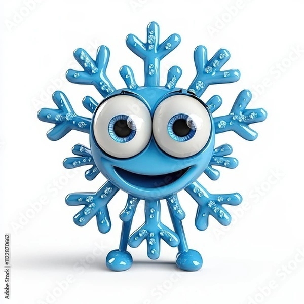 Fototapeta Cute cartoon 3d illustration of a snowflake with big sparkling eyes and a joyful smile, isolated white background