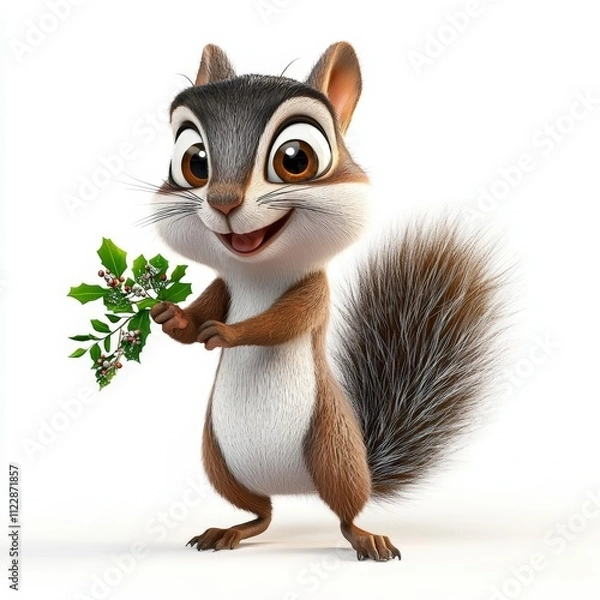 Fototapeta Cute cartoon 3d illustration of a Christmas squirrel holding a tiny mistletoe with big sparkling eyes, isolated white background