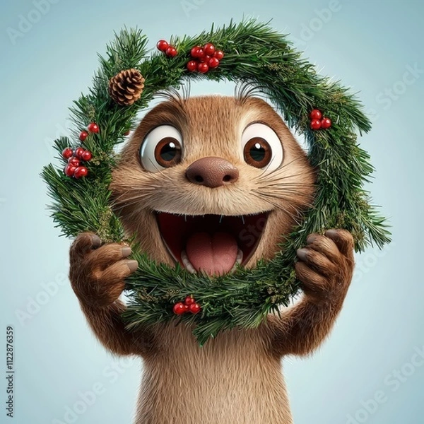 Fototapeta Cute cartoon 3d illustration of a cheerful otter holding a Christmas wreath with big playful eyes, isolated blue background