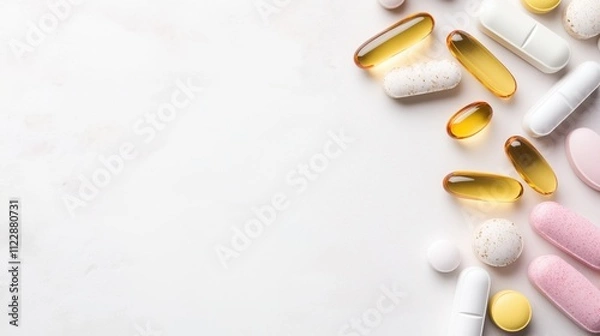 Obraz Vitamin supplements and pills arranged on white marble background. Fish oil capsules, pink and white tablets. Health and wellness supplements. 8k with copy space