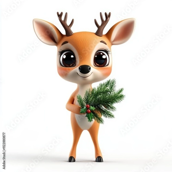 Fototapeta Cute cartoon 3d illustration of a festive deer holding a tiny holiday tree with big sparkling eyes, isolated white background