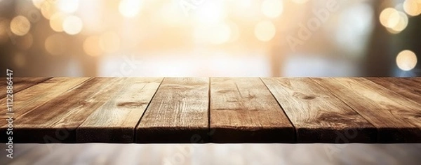 Fototapeta Rustic Wooden Tabletop with Blurry Background and Warm Bokeh Lights, Perfect for Product Placement or Creative Displays in a Cozy Environment