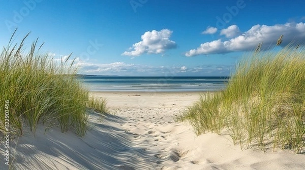Fototapeta Bright Summer Day at the Beach with Soft Sand and Clear Sky