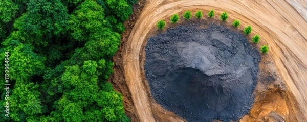 Fototapeta Aerial view of a circular pit surrounded by young trees, showcasing the contrast between nature and land use, highlighting environmental changes.