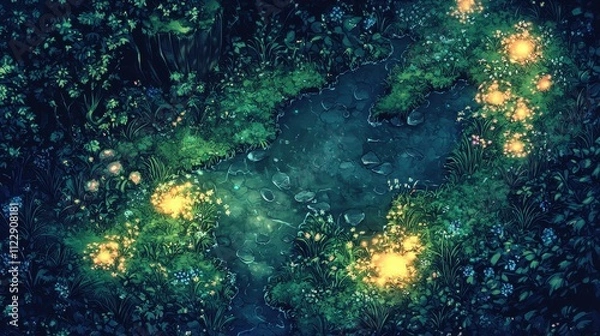 Fototapeta Enchanting Glowing Forest with Magical Flowers and a Mysterious Radiating Map Along a Serene Stream