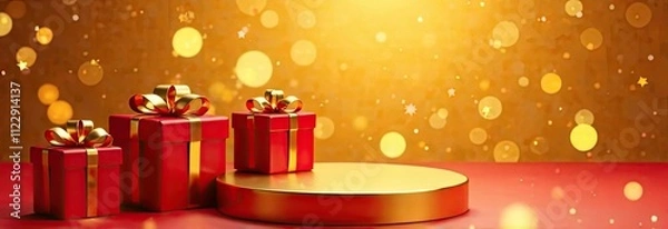 Fototapeta A festive golden podium for goods, with gift boxes on the sides, on a bright golden background with a bokeh effect. Mockup advertising banner.