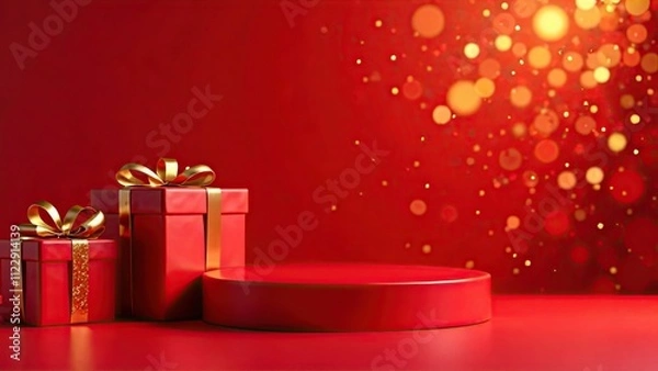 Fototapeta A festive red podium for goods, with gift boxes on the sides, on a bright red background with a bokeh effect. Mockup advertising banner.