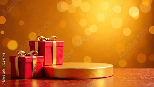 Fototapeta A festive golden podium for goods, with gift boxes on the sides, on a bright golden background with a bokeh effect. Mockup advertising banner.