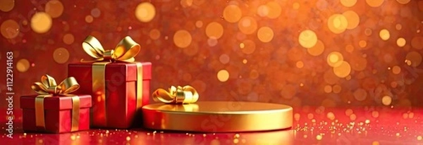 Fototapeta A festive golden podium for goods, with gift boxes on the sides, on a bright red background with a bokeh effect. Mockup advertising banner.