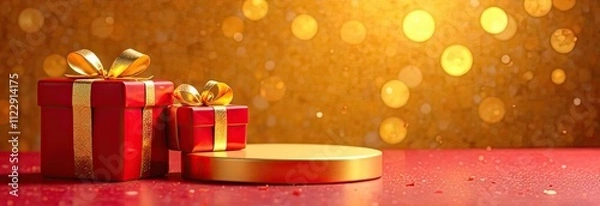 Fototapeta A festive golden podium for goods, with gift boxes on the sides, on a bright golden background with a bokeh effect. Mockup advertising banner.