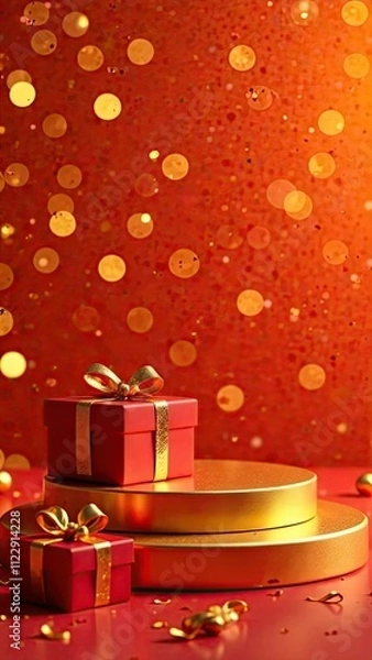 Fototapeta A festive golden podium for goods, with gift boxes on the sides, on a bright red background with a bokeh effect. Mockup advertising vertical banner.