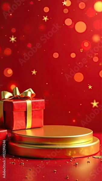 Fototapeta A festive golden podium for goods, with gift boxes on the sides, on a bright red background with a bokeh effect. Mockup advertising vertical banner.