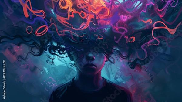 Obraz image of person suffering from information overload and worried stressed thoughts. depression, obsessive compulsive, adhd, anxiety disorders concept 