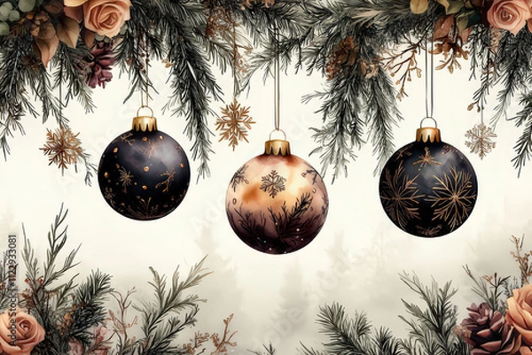 Fototapeta Watercolor Christmas Ornaments and Pine Cones Border Design, space for text, invitation template