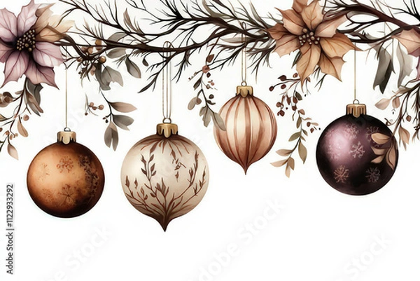 Fototapeta Watercolor Christmas Ornament Illustration with Fir Branches and Berries, space for text, invitation template