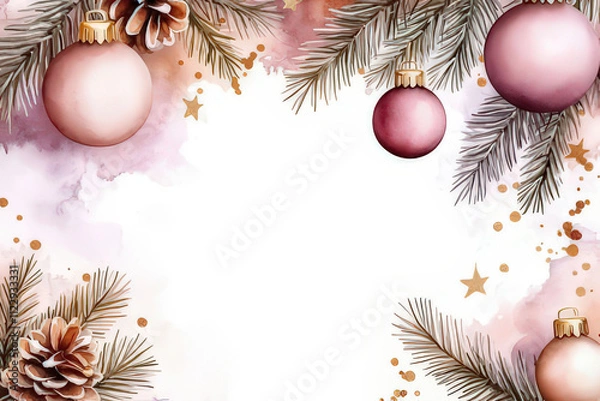 Fototapeta Watercolor Christmas Ornaments and Pine Cones Border Design, space for text, invitation template