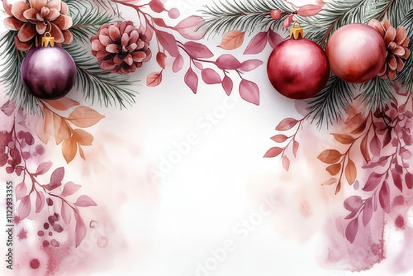 Fototapeta Watercolor Christmas Ornaments and Pine Cones Border Design, space for text, invitation template