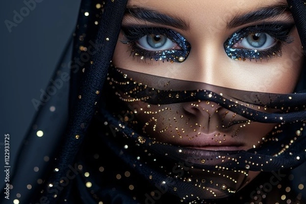Fototapeta Abstract representation of egyptian goddess bastet and cleopatra with pyramids on dark background