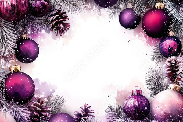 Fototapeta Watercolor Christmas Ornament Illustration with Fir Branches and Berries, space for text, invitation template