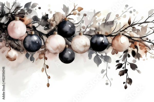 Fototapeta Watercolor Christmas Ornament Illustration with Fir Branches and Berries, space for text, invitation template