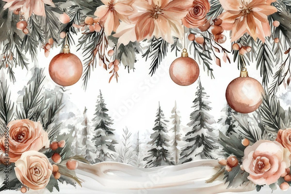 Fototapeta Watercolor Christmas Ornament Illustration with Fir Branches and Berries, space for text, invitation template