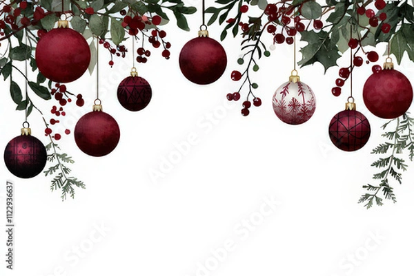 Fototapeta Watercolor Christmas Ornament Illustration with Fir Branches and Berries, space for text, invitation template
