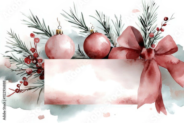 Fototapeta Watercolor Christmas Ornament Illustration with Branches and Berries, space for text, christmas invitation template
