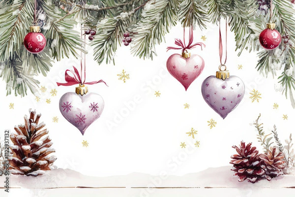 Fototapeta Watercolor Christmas Ornament Illustration with Fir Branches and Berries, space for text, invitation template