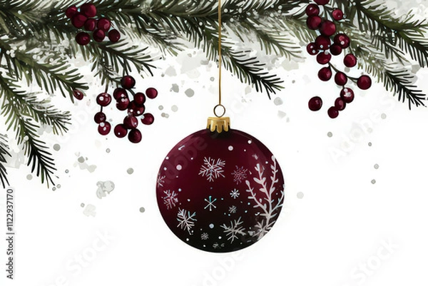 Fototapeta Watercolor Christmas Ornament Illustration with Fir Branches and Berries, space for text, invitation template