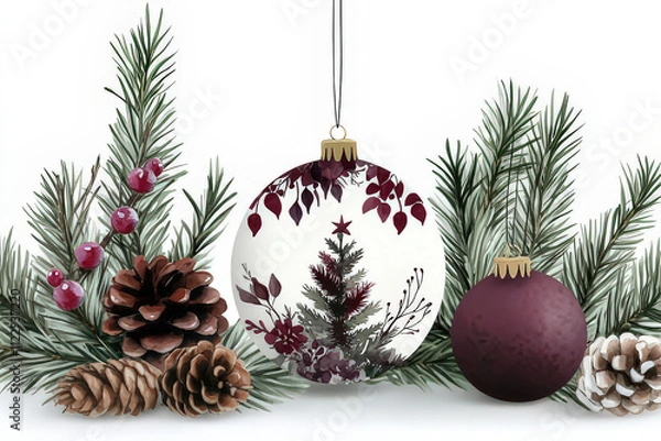 Fototapeta Watercolor Christmas Ornament Illustration with Fir Branches and Berries, space for text, invitation template