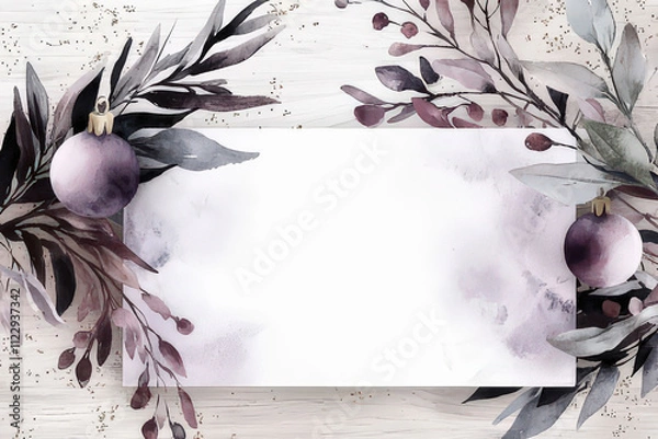 Fototapeta Watercolor Christmas Ornament Illustration with Fir Branches and Berries, space for text, invitation template