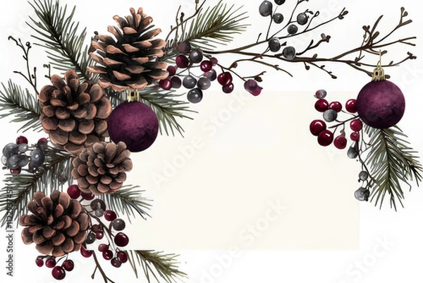 Fototapeta Watercolor Christmas Ornaments and Pine Cones Border Design, space for text, invitation template