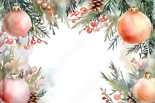 Fototapeta Watercolor Christmas Ornament Illustration with Fir Branches and Berries, space for text, invitation template