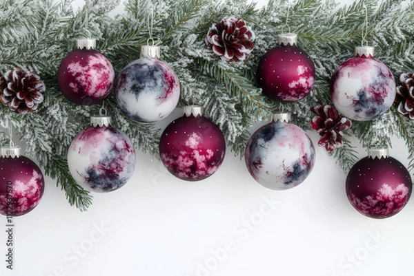 Fototapeta Watercolor Christmas Ornament Illustration with Fir Branches and Berries, space for text, invitation template